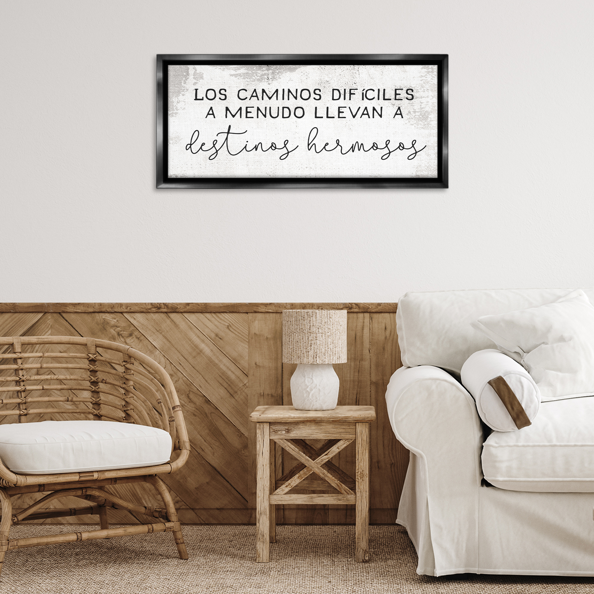 Stupell Industries Caminos Difíciles, Destinos Hermosos Inspirational Quotes & Sayings Painting Black Floater Framed Art Print Wall Art, 31 x 14