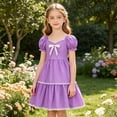 thumbnail image 2 of Glisme Big Girls Dress Solid Color Puff Sleeve Square Collar With Bowknot Back To School Lace Trim Tiered Girls Dresses, 2 of 9