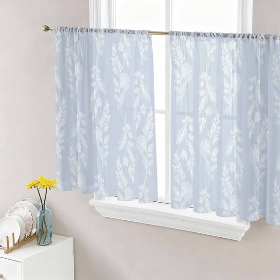 Light Blue Botanical Sheer Curtains 54 Inch Length 2 Panels Set Window Treatments, Pastoral Elegant Spring Floral Rod Pocket Semi Curtains for Living Room/Bedroom/Kitchen Décor, 104"W x 54"L
