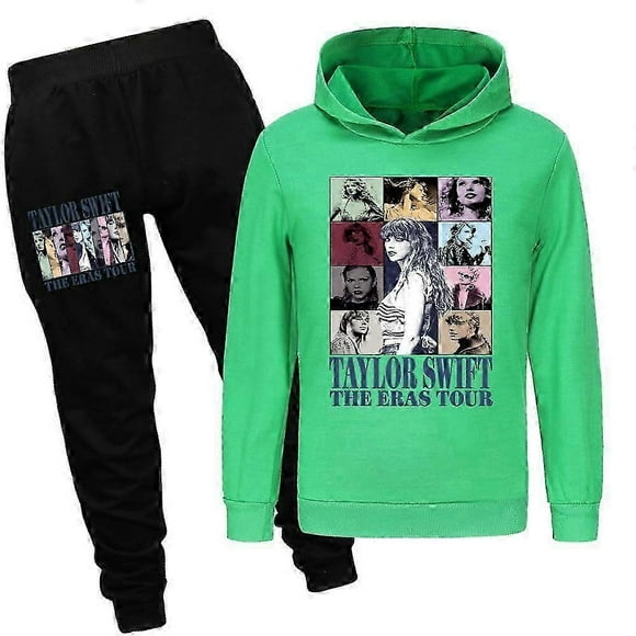 (Green-15-16years)Pop Taylor Swift 2 PCS The Eras Tour Hoodie and Black Pant Set Girls Boys Hooded Sweatshirt Pullover Tops Kids Teens Christmas Gifts GDXZ-2594