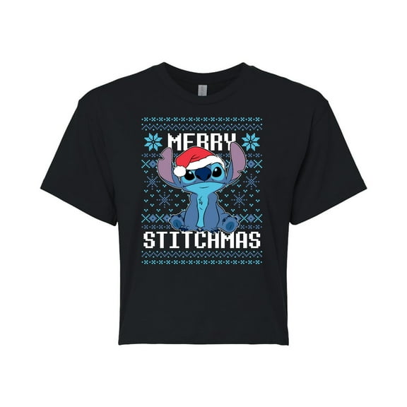 Lilo & Stitch - Merry Stitchmas - Juniors Cropped Cotton Blend T-Shirt