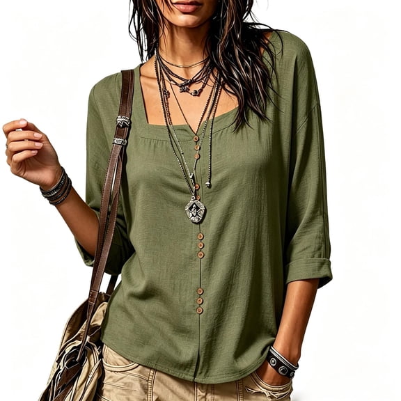 QSAWXQZ Women's Cotton Linen Blouse Square Neck 3/4 Sleeve Button Loose Casual Lightweight Top S