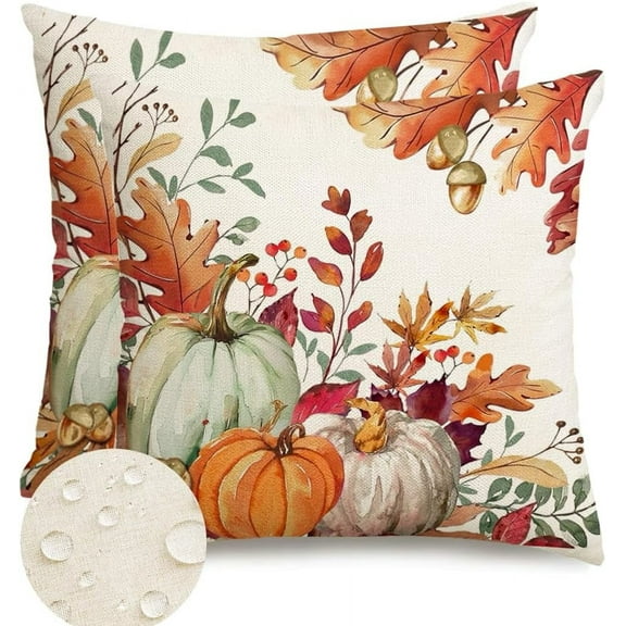 Fall Pillow Covers 18x18 Set of 2, Waterproof Pumpkin Pillows Decorative Throw Pillows Autumn Maple Leaves Thanksgiving Pillow Cases for Outdoor Porch Burnt Orange Fall Decorations for Home