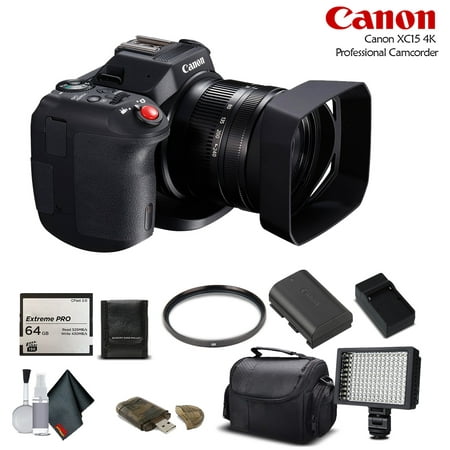Canon XC15 4K Professional Camcorder With Extra Battery UV Filter, LED Light, Case and More - Starter