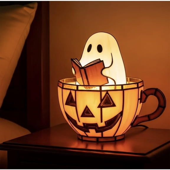 Ghost Reading Book Lamp, Halloween Ghost Reading LED Lamp, Cute Ghost Reader in Pumpkin Cup LED Light for Tabletop Bedroom Outdoor Table Desktop Party