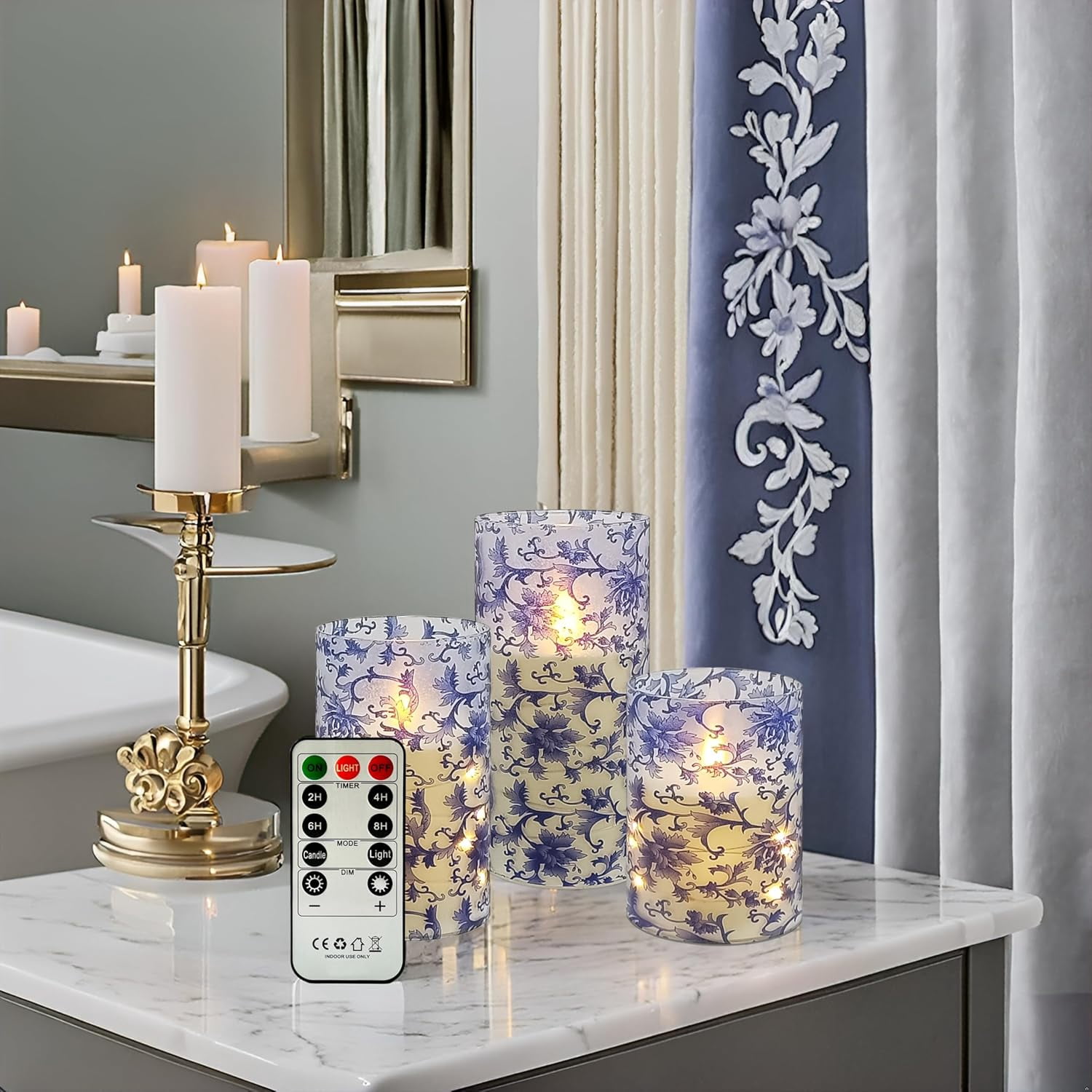 XINAOBAOLUO Blue & White Floral Flickering Flameless Candles, Recessed String Light LED Candles with Remote and Timer for Home Decor Set of 3