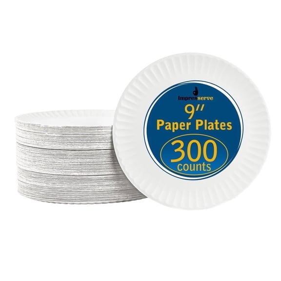 Impresserve Uncoated White Disposable Paper Plates, 9", 300 Count