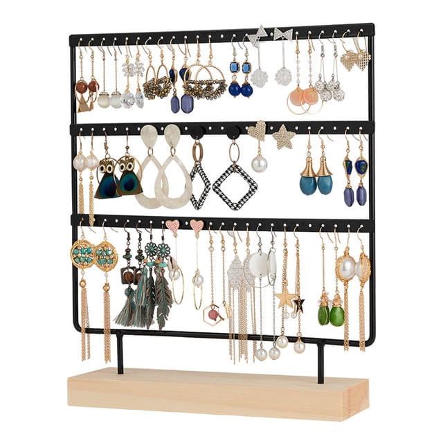 Soporte organizador de pendientes de 3 capas, 72 agujeros, soporte para pendientes, torre de joyería Tomshoo Negro