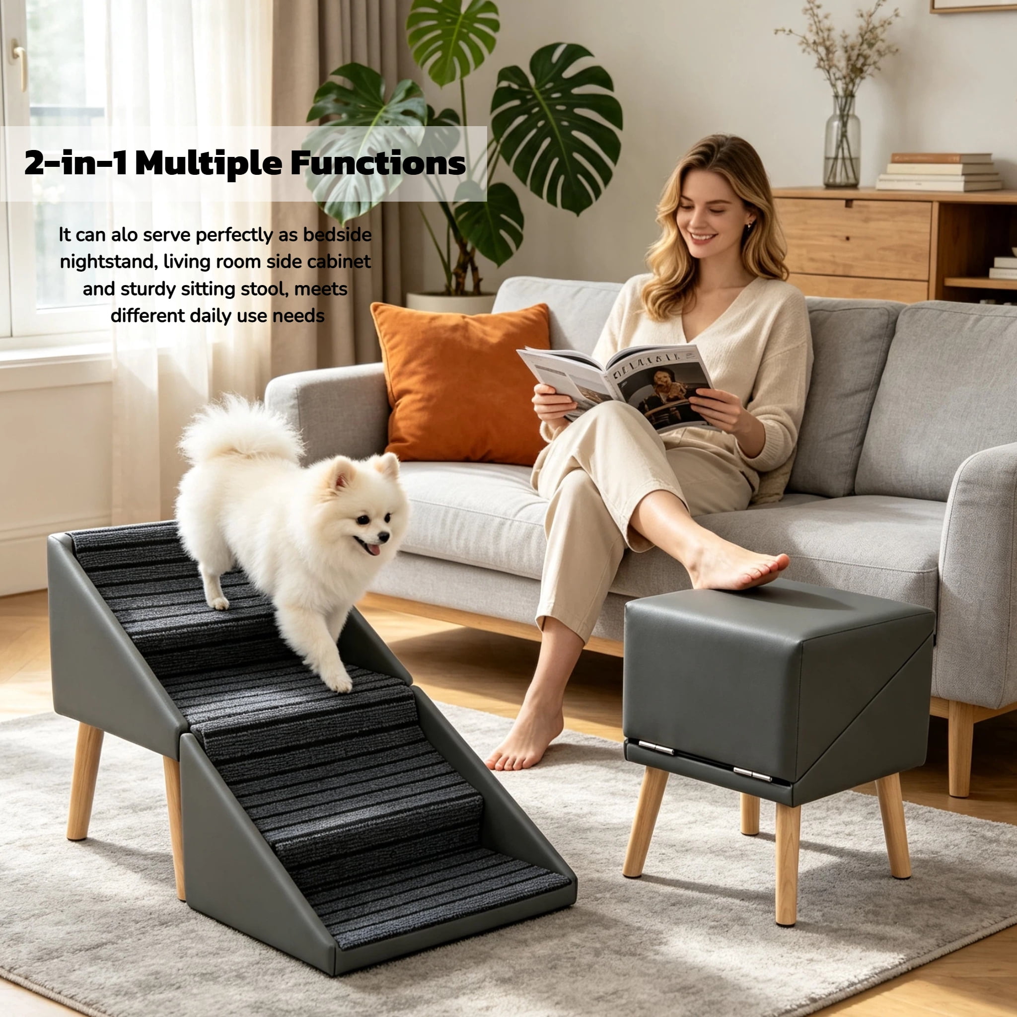 2-in-1 Dog Stairs for Bed and Couch 19.69" Foldable Dog Ramp for Couch 4 Pet Steps & Ottoman for Small Dogs, Grey
