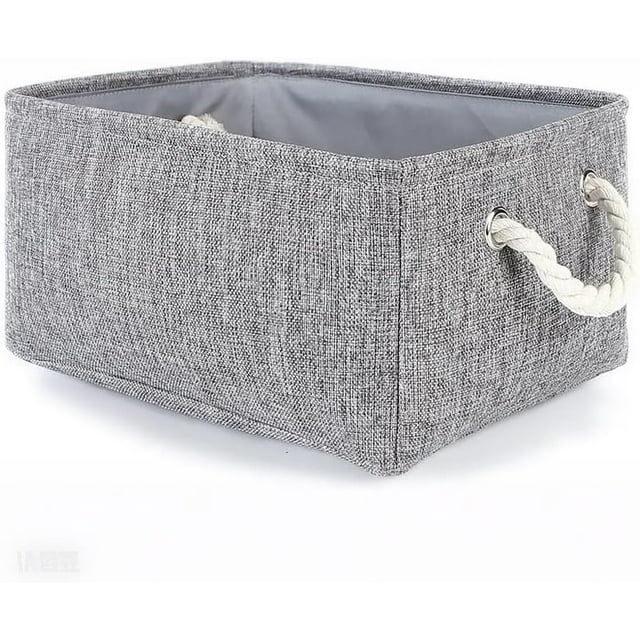 Skupro Storage Baskets for Shelves, Small Collapsible Linen Fabric Open Storage Box, Grey with Rope Handles, Organiser for Cupboard Wardrobe Closet Makeup Sundries (40x31x20cm 1pcs)