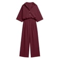 thumbnail image 4 of Women's Linen 2 Piece Outfit Oversized Button Down Shirts High Waist Pleated Wide Leg Pants Matching Tracksuit Set office Casual Outfits Wine, 4 of 7