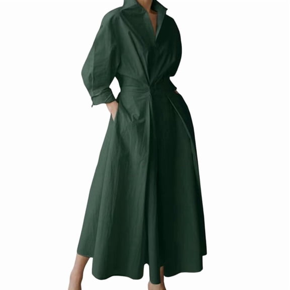 Womens Cotton Button Down Maxi Tshirt Dress Ladies Collared Lapel Long Sleeve Dresses Green S