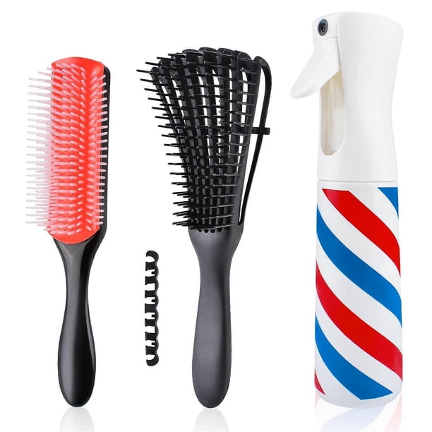 Set de cepillo desenredante para cabello rizado con botella pulverizadora de 360° y cepillo de peinado de 9 filas con cerdas de nailon.