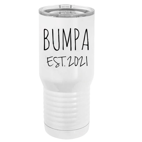 Bumpa Est. 2021 Established Stainless Steel Vacuum Double-Walled Insulated 20 Oz Tumbler Travel Coffee Mug with Clear Lid, White