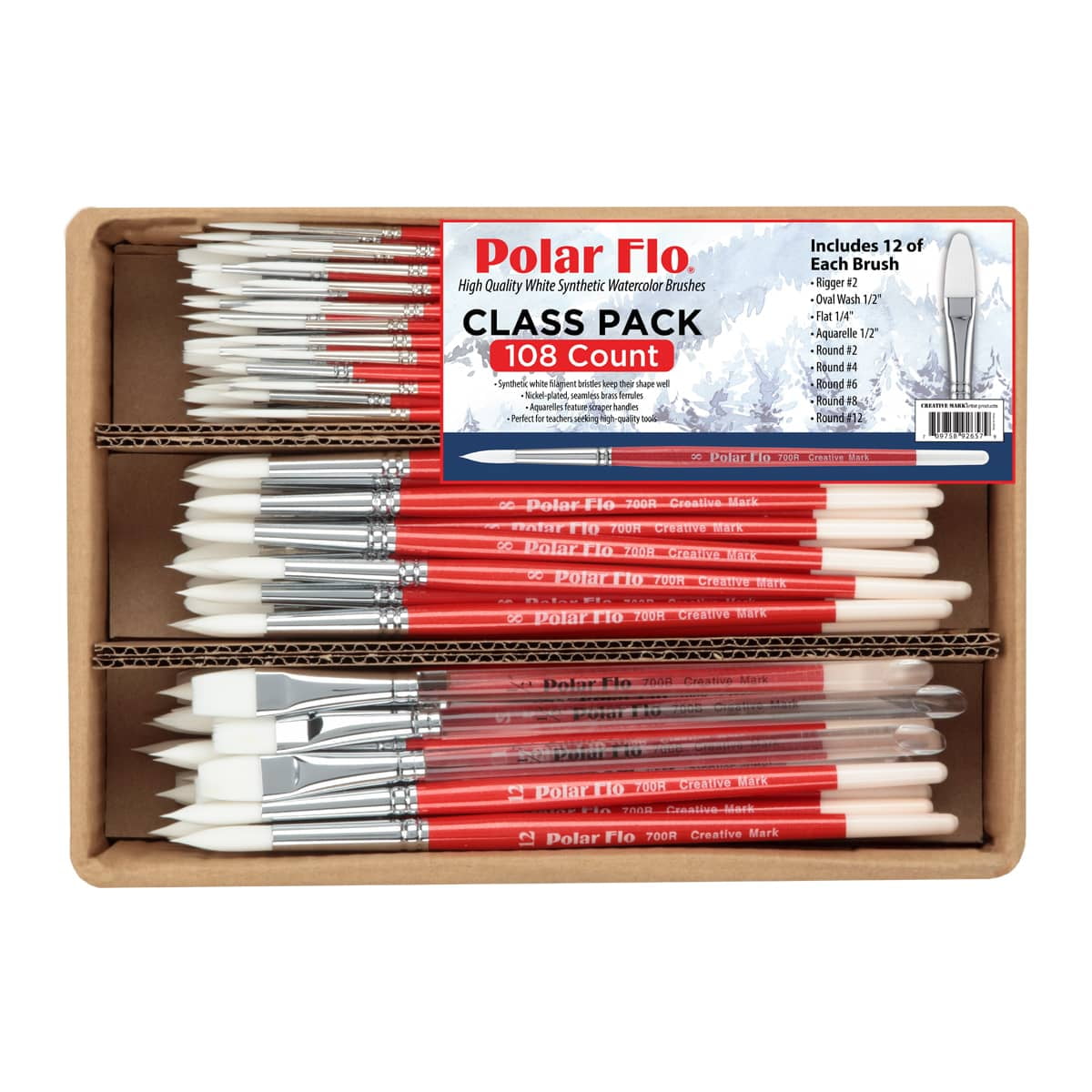 Creative Mark Polar Flo Professional Watercolor Brushes - Assorted Bulk Pack of 108 - Short Handle, Nickel-Plated Seamless Brass Ferrule - Art Paint Brushes for Acrylic, Watercolor, Gouache & More