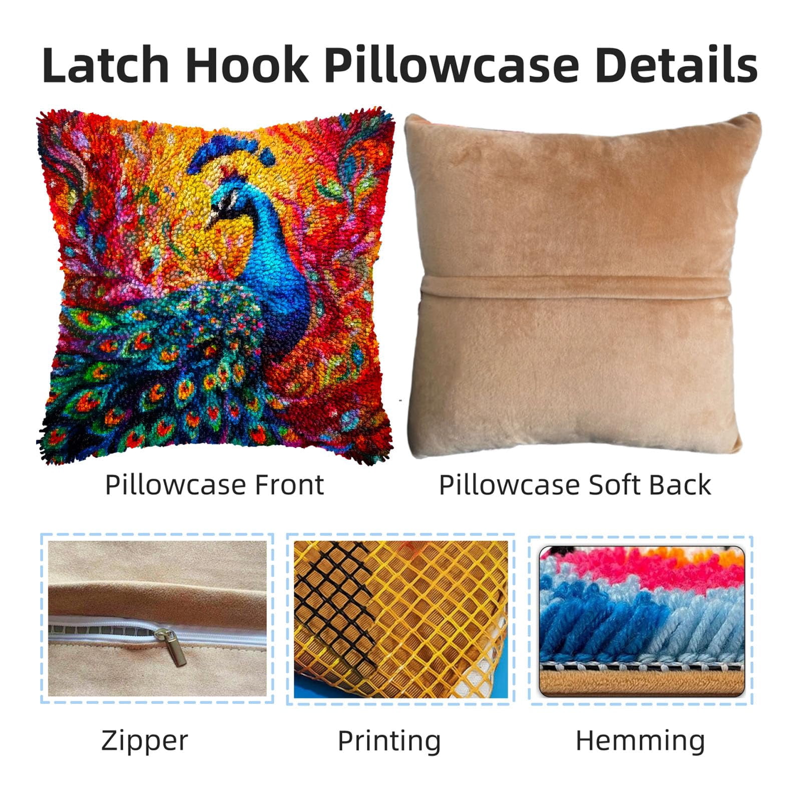 Colorful Peacock DIY Latch Hook Pillow Kits for Adults Printed Pillowcase Crochet Yarns Hooking Handmade Pillow Cover Cushion for Home Sofa Decoration 17x17inch