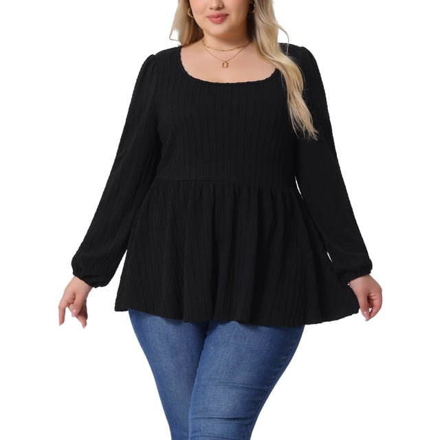 Blusas de Talla Grande Agnes Orinda para Mujeres, con Cuello Redondo, Manga Larga, Top de Peplum de Punto 2X Negro