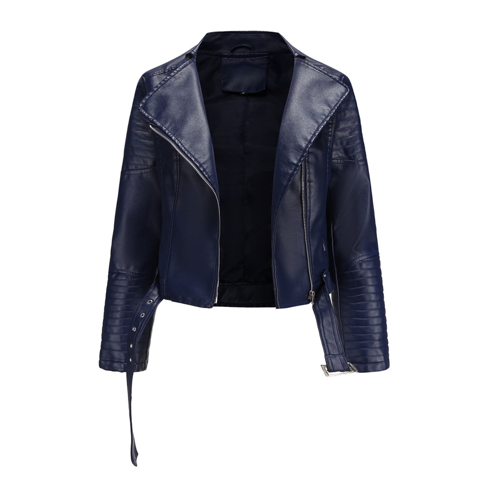 IROINNID Women's Short Faux Leather Jacket Notch Lapel Solid Color Long Sleeve Loose Warm Jacket Slim Winter Hoodless Coats, Blue