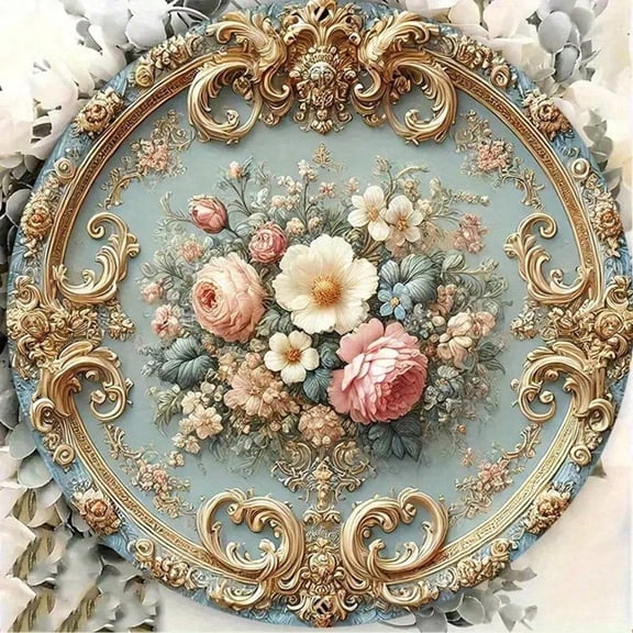 HELLOYOUNG 1/2PCS Gold Frame Floral Baroque Iron Wall Art, Vintage Oil Painting Style Flower Decor for Living Room Bedroom Farmhouse, Luxurious Round Metal Wall Sculpture