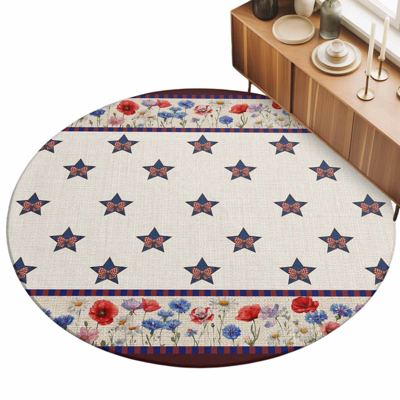 Round Area Rugs 5Ft, American Star Poppy Non-Slip Washable Circle Rugs Carpet, Farmhouse Independence Day Indoor Outdoor Rug Floor Mats Throw Runner for Bedroom Living Room Bathroom