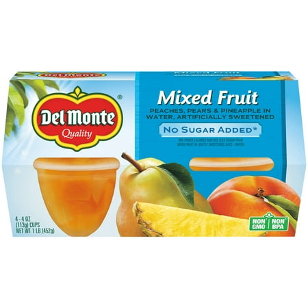 (4 Cups) Del Monte Mixed Fruit Fruit Cups, No Sugar Added, 4 oz