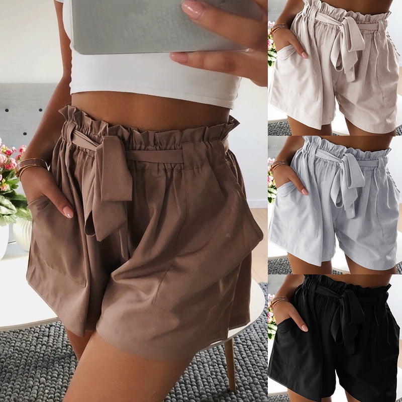 Women's High Waist Tie Belt Paper Bag 