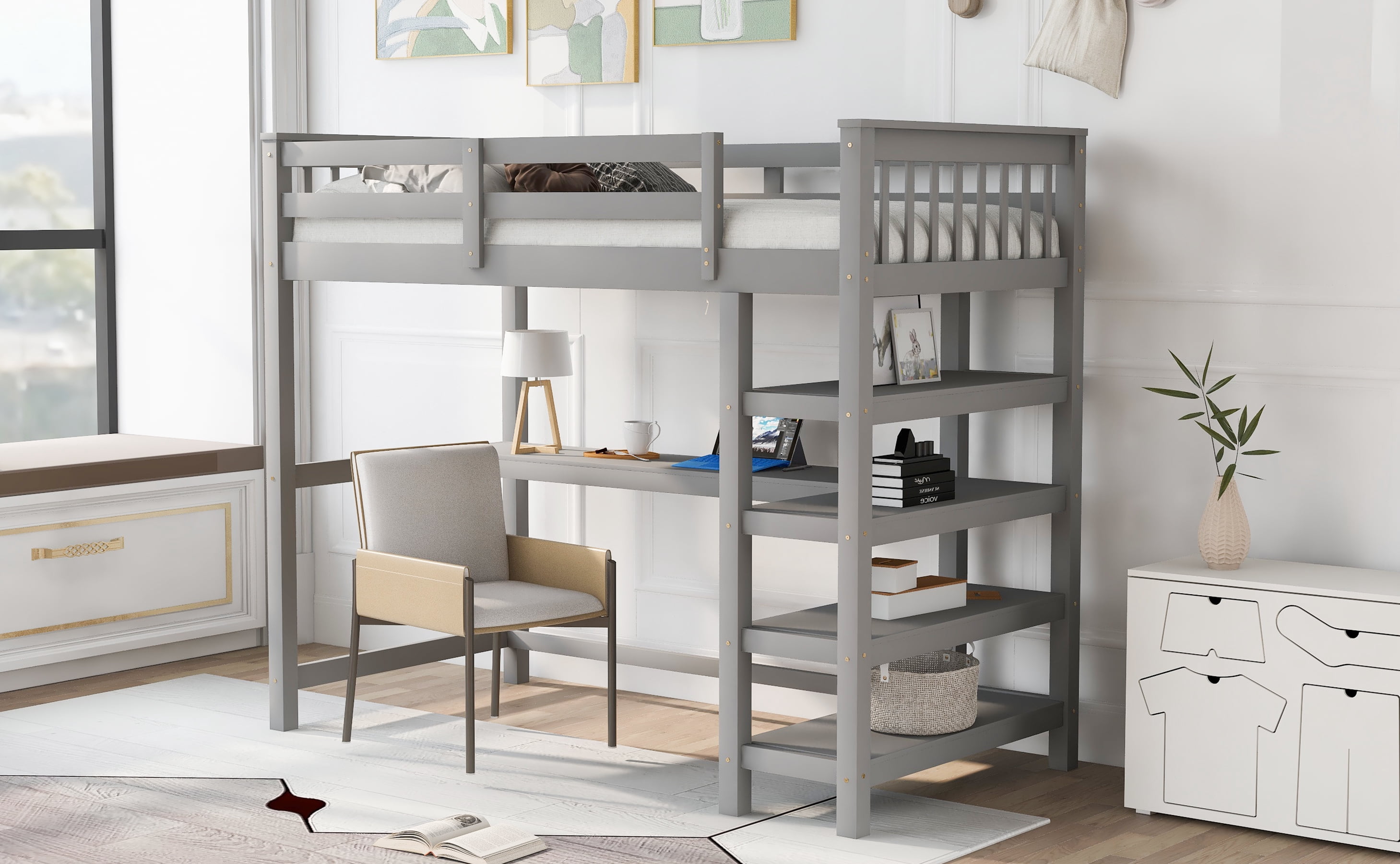 Yoneston Twin Size Loft Bed with Storage Shelves, Wooden Twin Loft Bed Frame with Under-bed Desk for Boys Girls Teens Bedroom, Gray