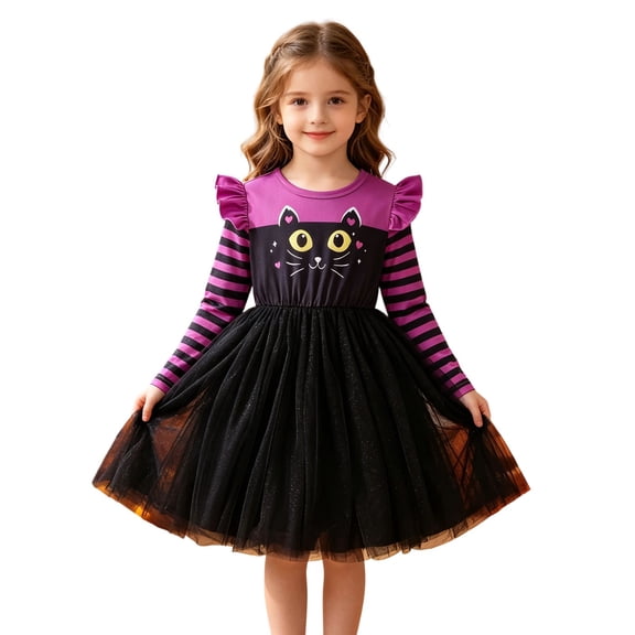 Vividxx Toddler Girl Halloween Dress Cute Striped Sleeve Mesh Tutu Dress Party Gown for Kids Party Casual Outfit 3-4 Years