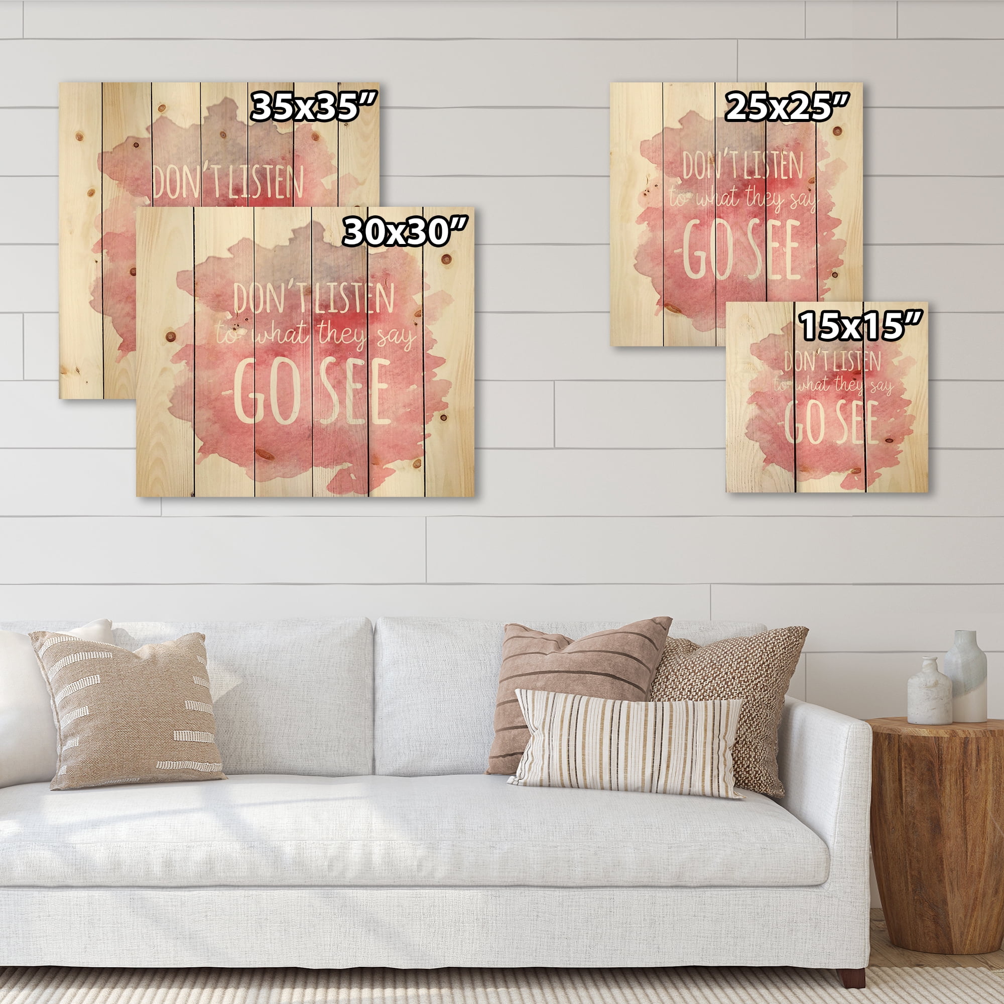 Designart 'Don't Listen To What They Say Go See On Pink Background' Traditional Print on Natural Pine Wood
