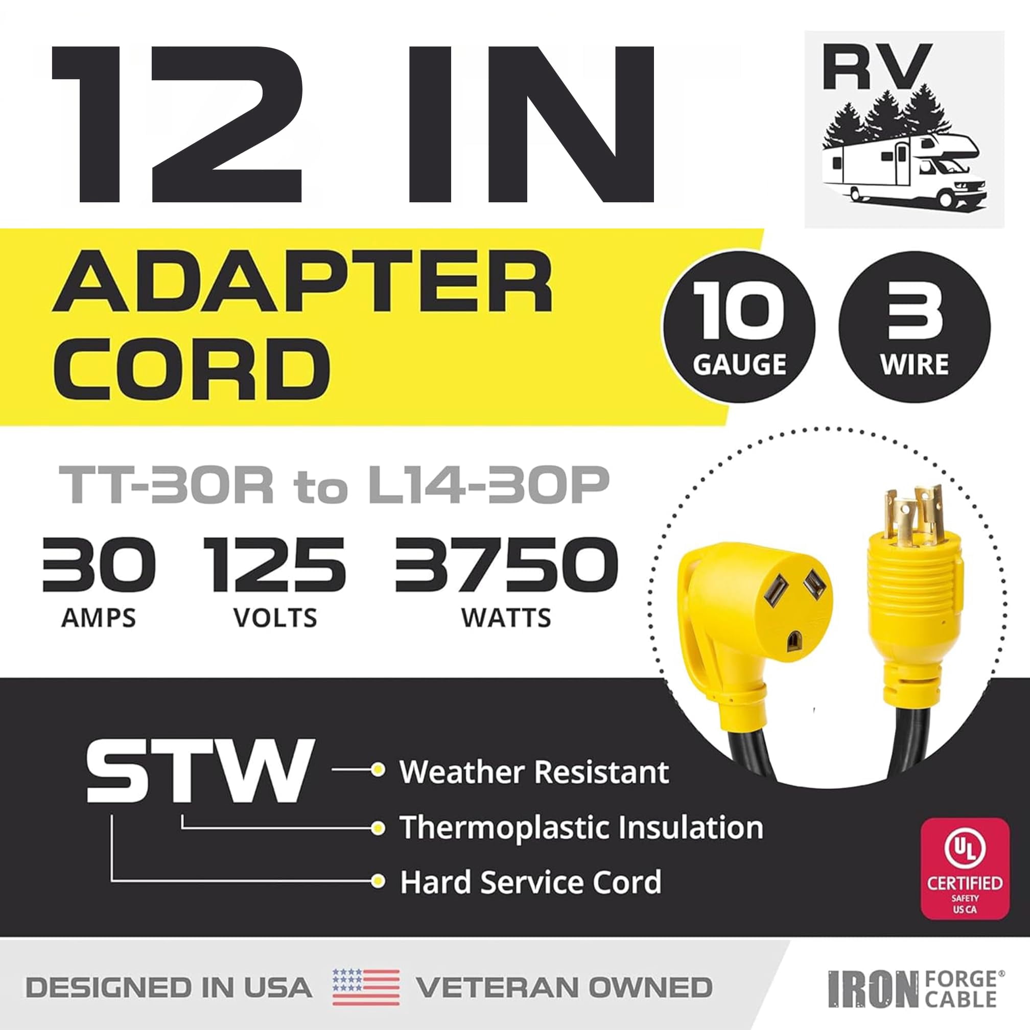 Iron Forge Cable RV Cord, Generator and RV Electrical Adapter Power Cord, TT-30R Female Plug to L14-30P Male, 12 inch Plug Adapter - 10/3 STW Yellow
