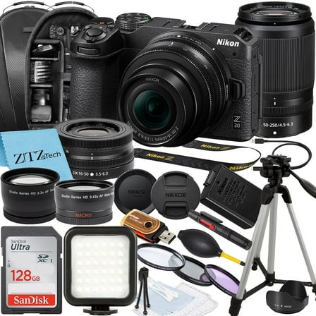 Nikon Z30 Mirrorless Camera with NIKKOR 16-50mm   DX 50-250mm Zoom Lens, SanDisk 128GB Memory Card, Backpack, Flash, Tripod and ZeeTech Accessory Bundle
