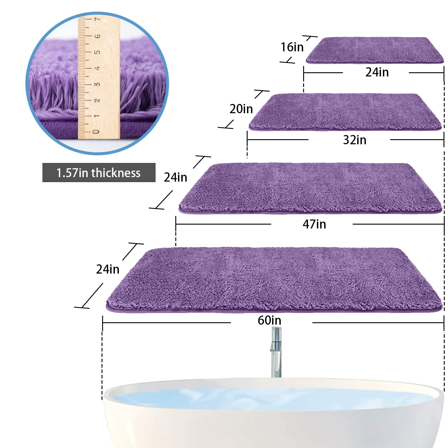 Bath Rugs for Bathroom Non Slip, Microfiber Washable Lavender Large Bathroom Mat, Absorbent Shaggy Shower Floor Mat, Bath Rug Runner 16"X24"