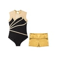 thumbnail image 3 of Yeahdor Kids Girls Gymnastics Dance Outfit Metallic Striped Leotard Sheer Mesh Patchwork Bodysuit with Metallic Shorts Gold 14, 3 of 7