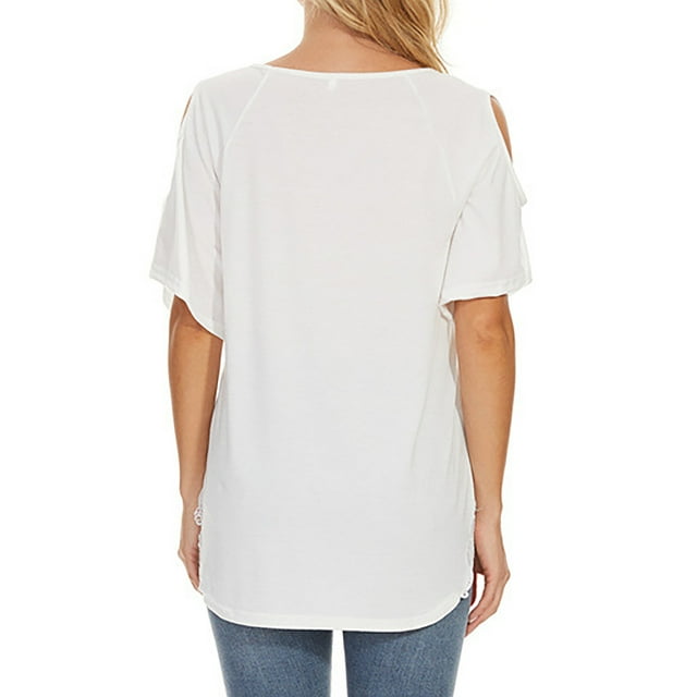 Blusa informal de manga corta con cuello en V y encaje con hombros descubiertos para mujer Fridja hjk3577