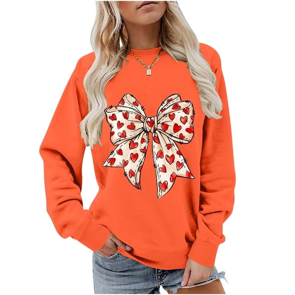 Avrnliq Bow Heart Graphic Oversized Crewneck Sweatshirt for Women, Orange Relaxed Fit Casual Sweet Daily Wear,Size XS