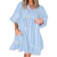 thumbnail image 7 of 3/4 Sleeve Women High Waist Patchwork Loose Mini Babydoll Dress, 7 of 7