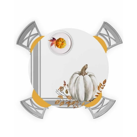 

Round Tablecloth with Elastic Thanksgiving Autumn White Pumpkins Maple Branch Gray Stripes Waterproof Stain-proof Table Cover Wipeable Fitted Table Cloths for 36 -44 Round Tables Dining Kitchen