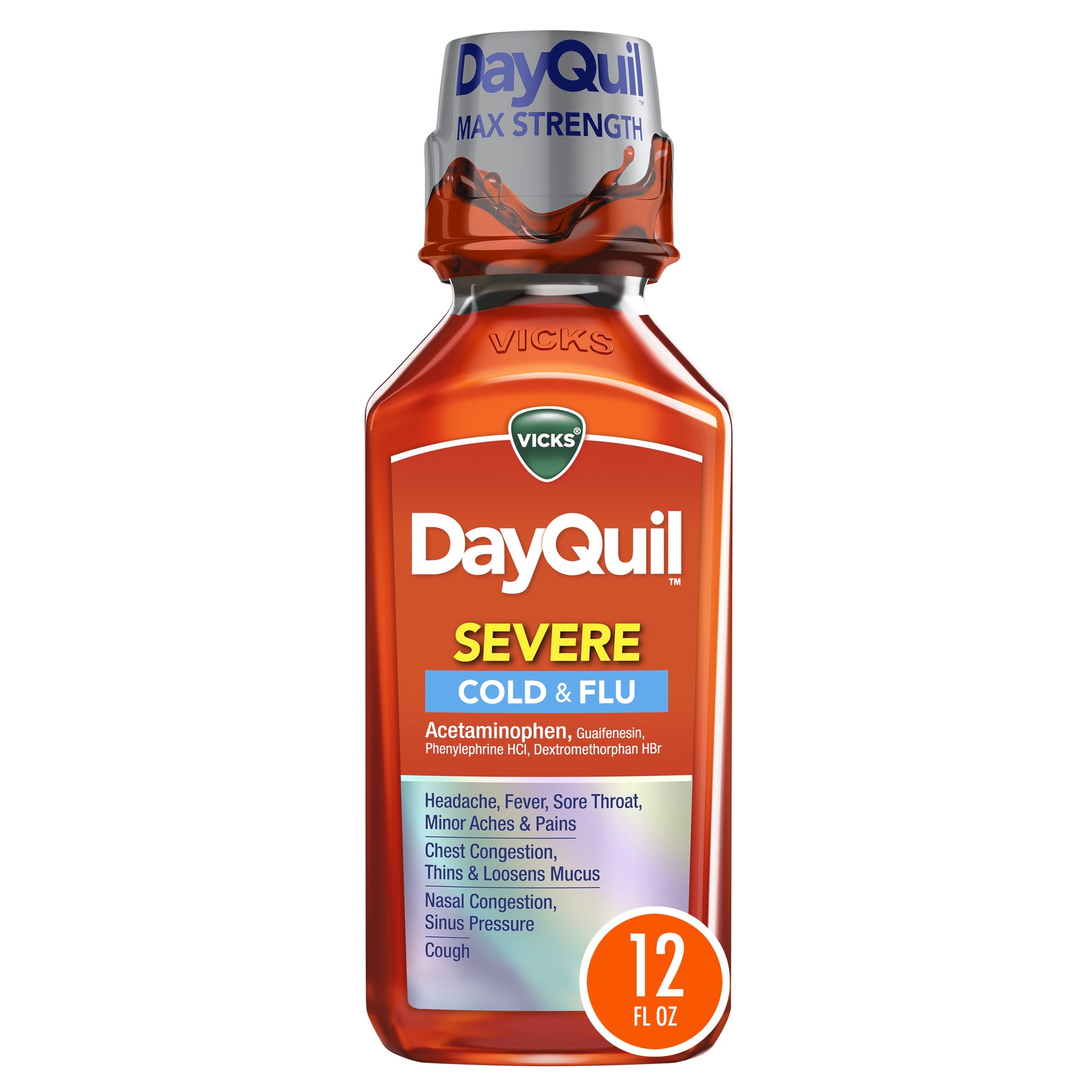 Vicks DayQuil SEVERE Cold & Flu Liquid, Cold and Flu Medicine for Adults, Citrus, 12 fl oz