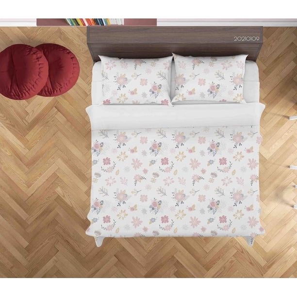 3D Cartoon Rosa Floral Patrón Funda de edredón Set Ropa de Cama Set Funda Nórdica