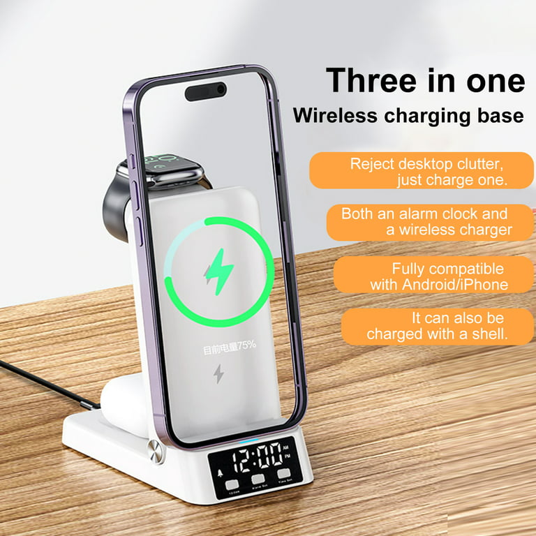 Waroomhouse Wireless Charger Stand High Power Foldable Intelligent  Protection Multifunctional Wide Compatibility 3-in-1 Phone Charging Dock  Station with Digital Clock Office Supplies 