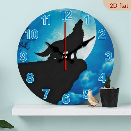 A 10 inch 2 D flat "Howling Wolf" themed wooden silent wall clock. It is an excellent choice for photo A 10 inch 2 D flat Howling Wolf themed wooden silent wall clock. It is an excellent choice for image