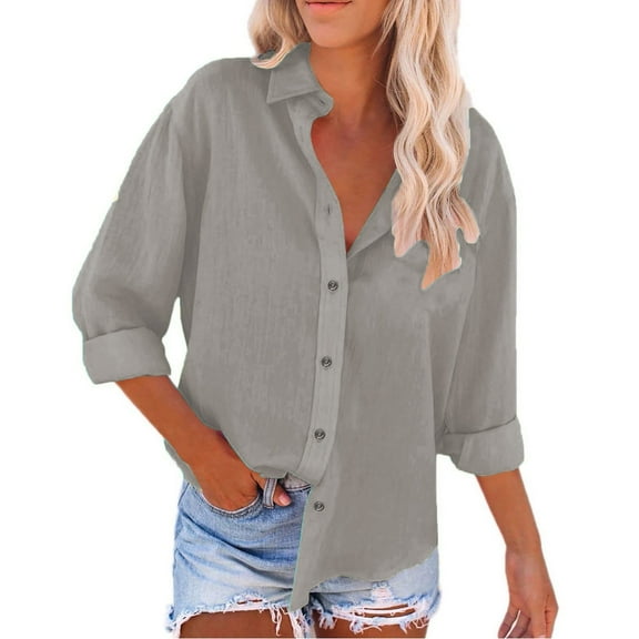 Seductiva Button Shirts for Women Linen Women's Spring Summer Solid Color Shirt Long Sleeve Button Women Shirt Loose Fit Vacation Beach Womenorkwomenear Tops Clothes Business Casual Work Tops