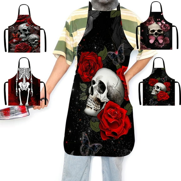4 Pcs New Halloween Apron, 29.52 x 25.59 inch Home Kitchen Cooking Baking Gardening for Women Men with Pockets Skeleton Rock Skull, Festive Mood Decoration