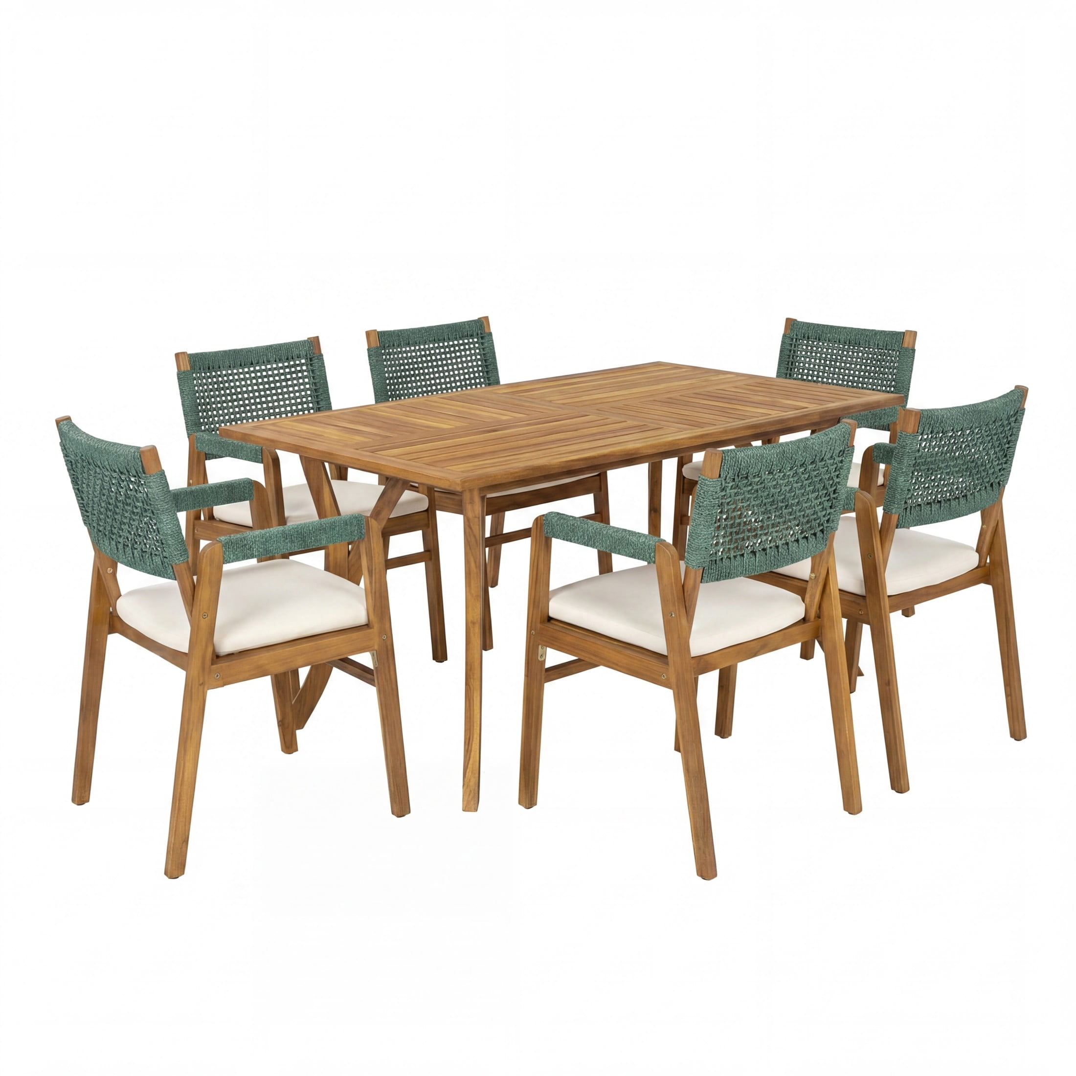 Christopher Knight Home 7-Piece Outdoor Wood Dining Set with Rope Chairs and Rectangular Table, Green+Teak
