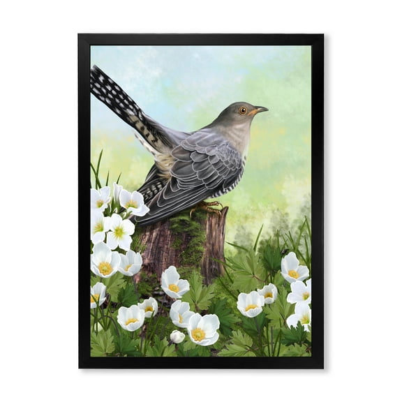 Designart 'Cuckoo Bird On An Old Stump and White Flowers' Traditional Framed Art Print