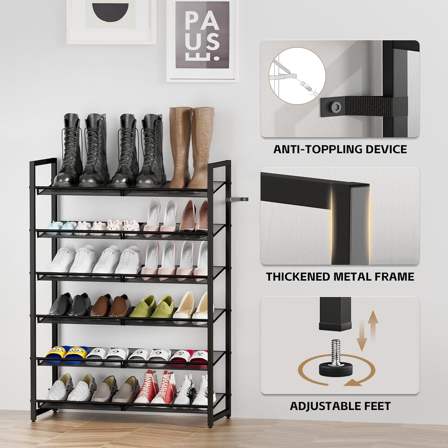 6-Tier Metal Large Shoe Rack,Tall Shoe Rack for Closet,entryway,Garage, with Adjustable Flat or Angled Shelves, Hold 20-26 Pairs Shoes