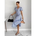 thumbnail image 6 of Women's Blue Striped V-Neck Puff Sleeve Midi Dress for Summer Casual, Beach, Vacation, Office & Going Out, 6 of 7