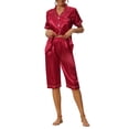 thumbnail image 1 of INSPIRE CHIC Ensembles de Pyjamas en Satin pour Femmes Manches Courtes Hauts à Boutons avec Pantalons Capri 2 Pcs Tenue d'Intérieur TP Rouge, 1 of 6
