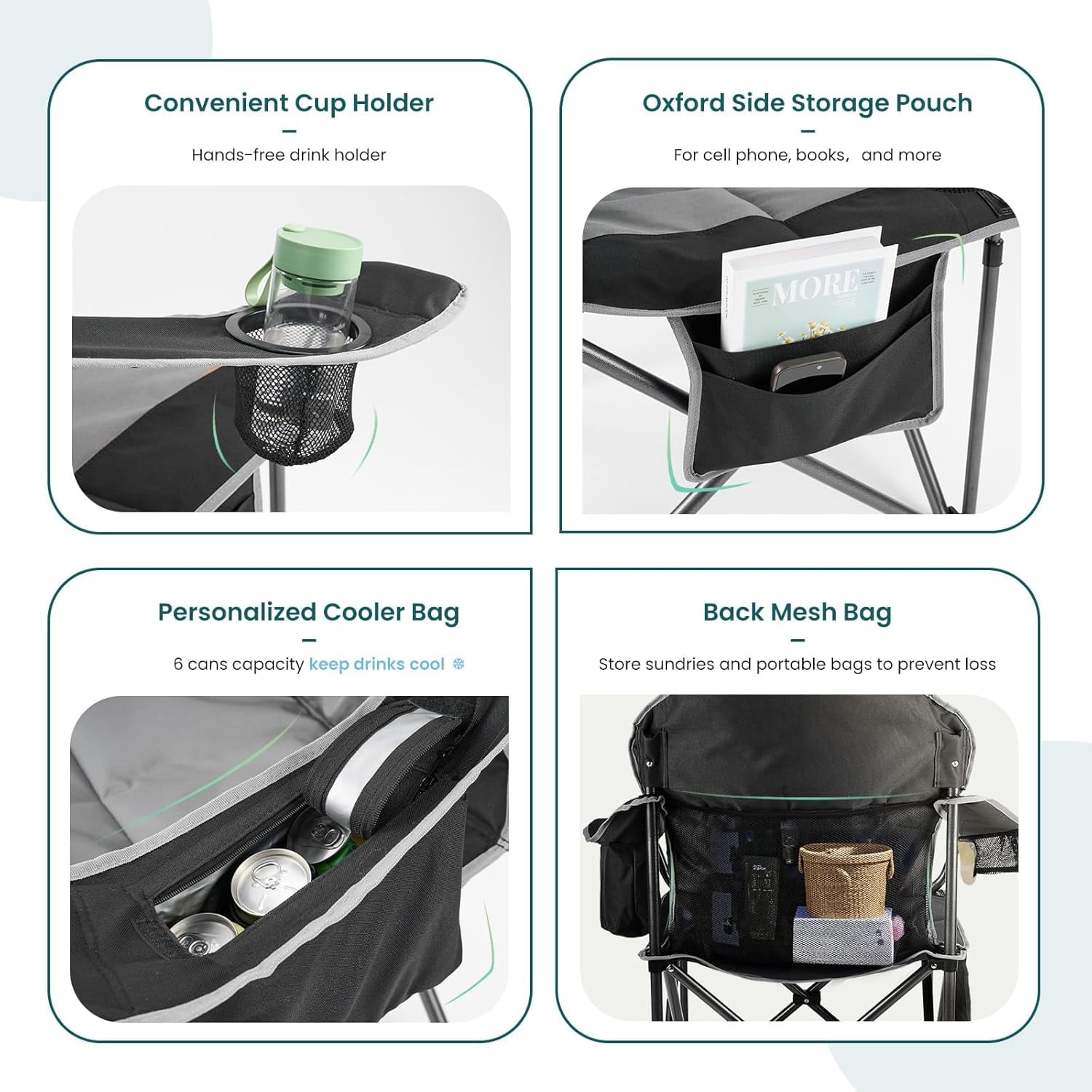 Oversized Camping Chair, Folding Chairs with Padded Back and Armrest, Steel Frame with Cooler Bag, Storage Netting Cup Holder, Black