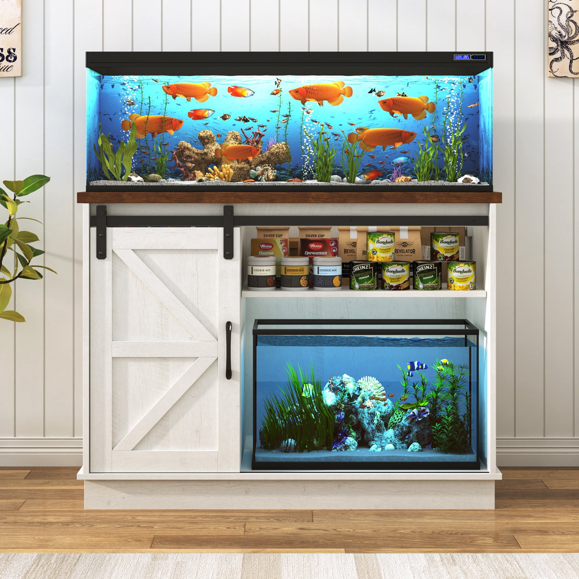 Blotout Farmhouse 40-50 Gallon Fish Tank Stand with Power Outlet, 41.7"Aquarium Stand with Storage/Sliding Barn Door, Heavy Duty Tank Stand for 2 Fish Tank/Reptile Terrarium, 1000lbs Capacity,White